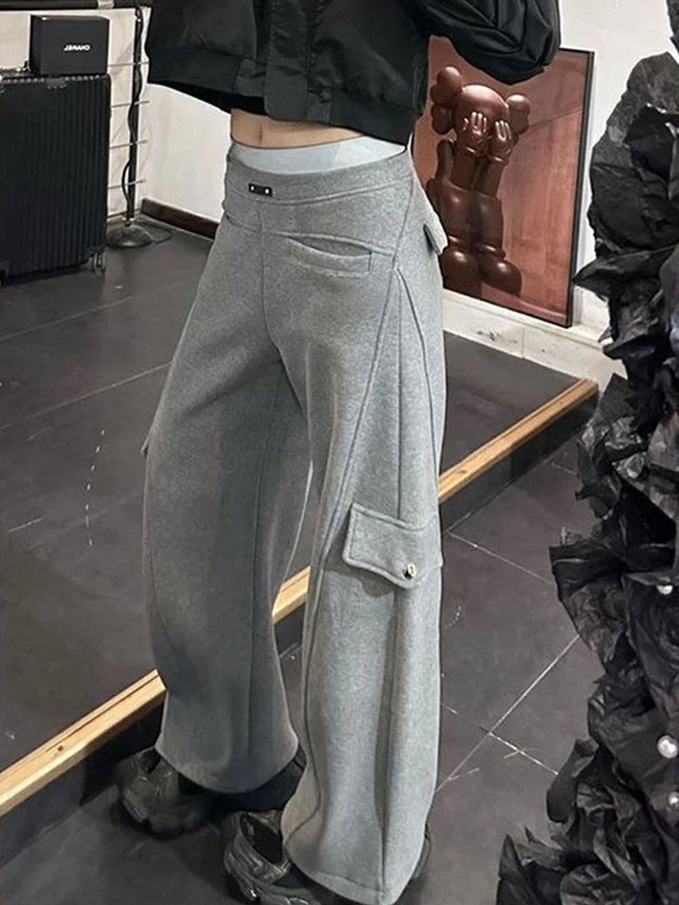 2025 Winter new gray thick wide leg workwear pants women lazy style multiple pockets loose casual fashion versatile pants