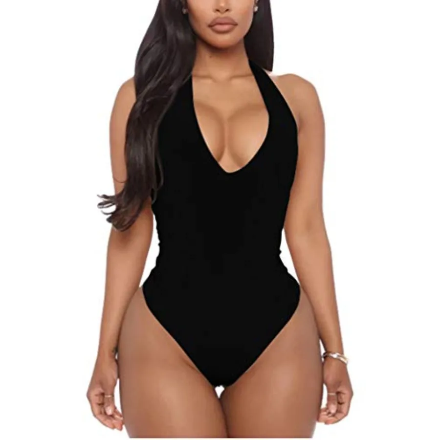 

YMDUCH Women's Sexy Sleeveless Halter V Neck Backless Leotard Bodysuit Tops