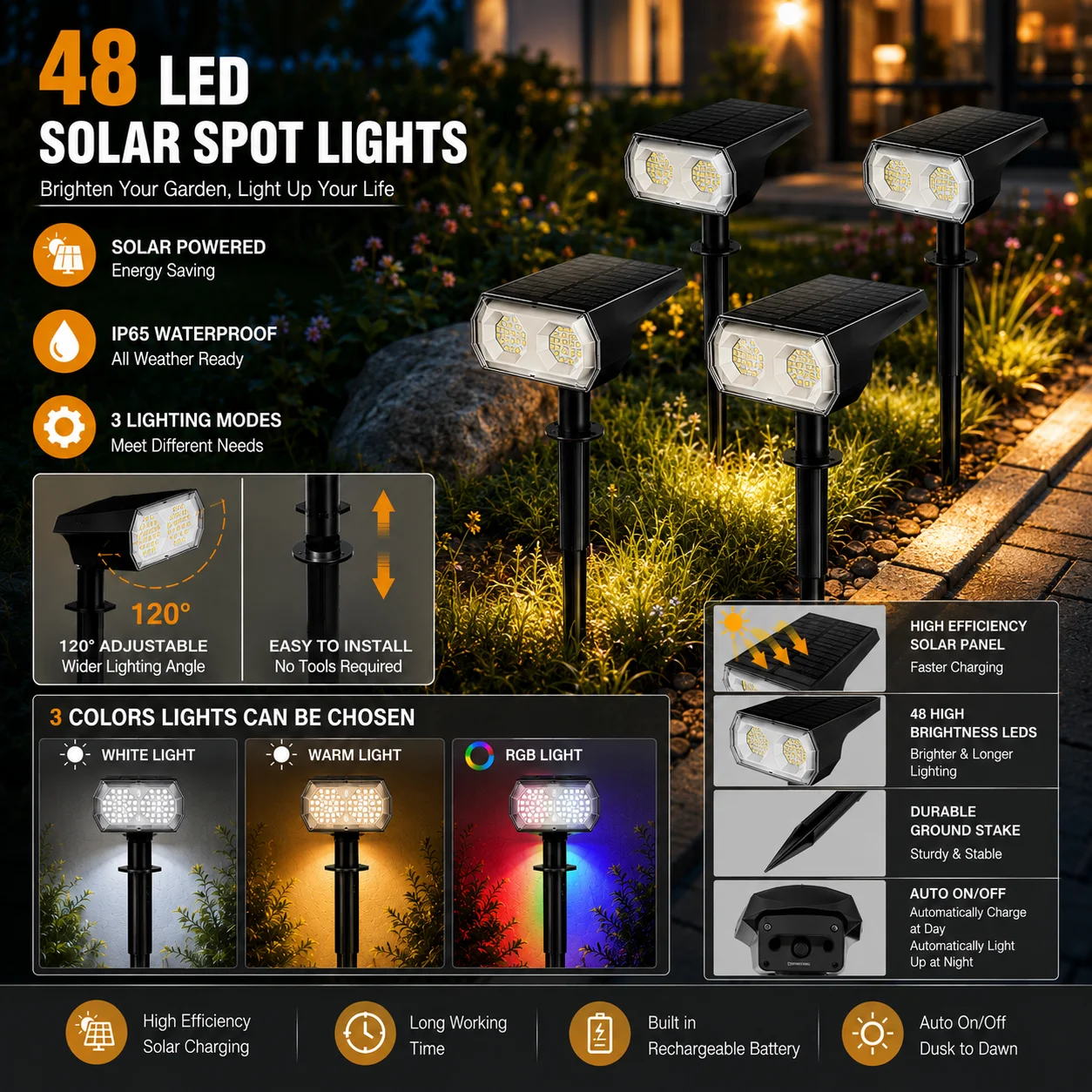 48 LED Solar Spot Lights Outdoor, 2-in-1 Waterproof Solar Landscape Lights for Yard Garden Patio Pathway Walkway Lawn Driveway