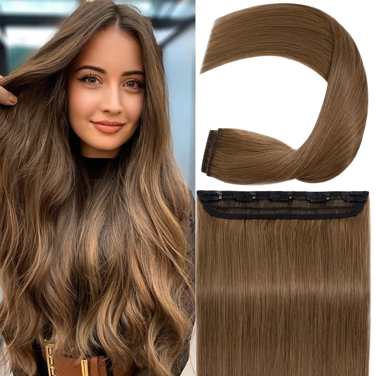 

Clip in Hair Extensons One Piece/5 Clips 3/4 Full Head-Thicker Hair Clip Standard Weft Straight Soft #06 Light Brown Human Hair