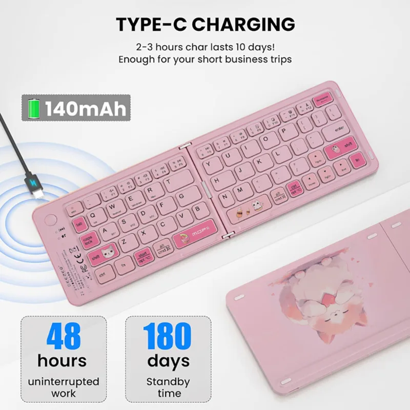 Folding Three Bluetooth Wireless Keyboard 67 Keys Cute Style Rechargeable Wireless Folding Keyboard for Windows/IOS/Android