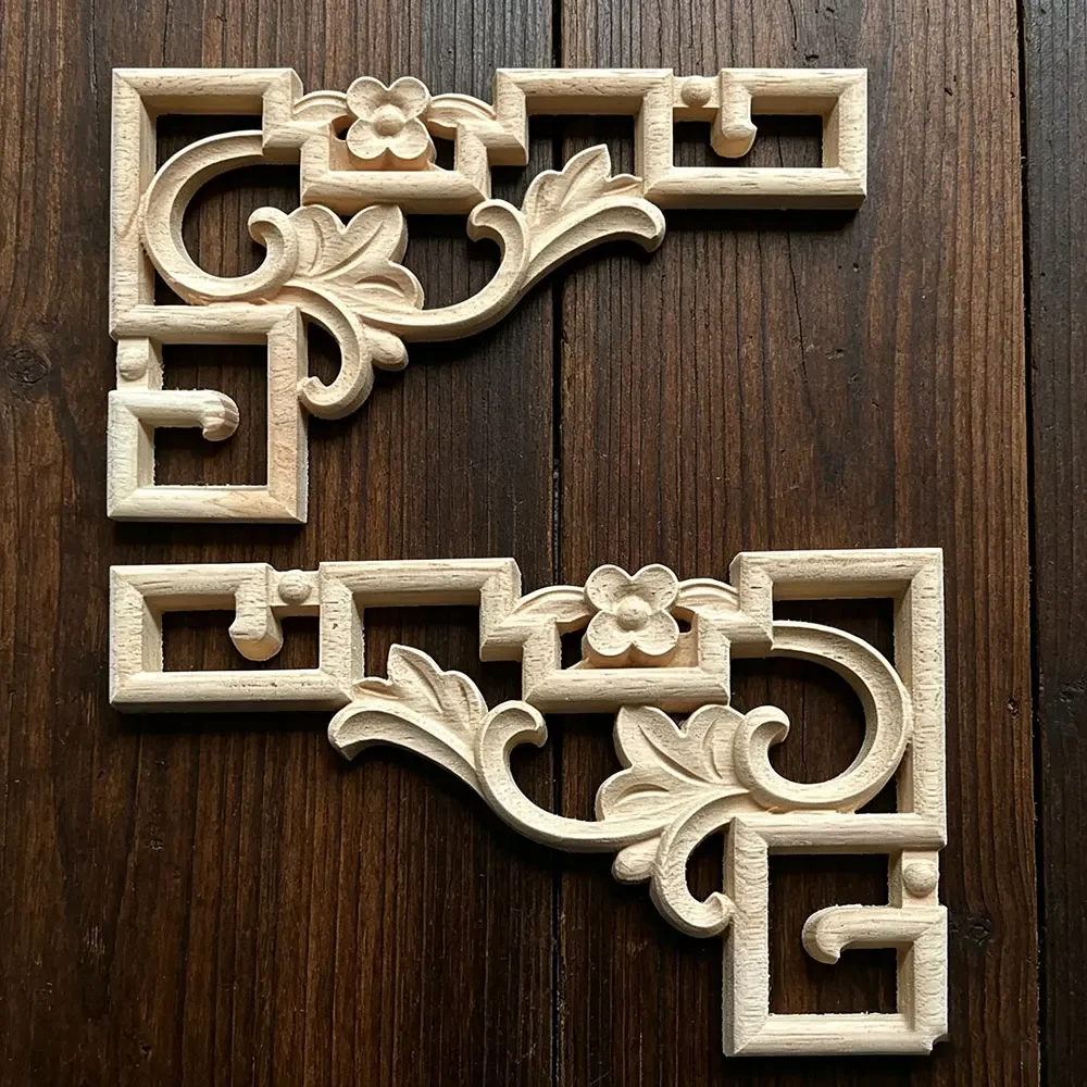 4PCS Woodcarving Corner Decal Wooden Figurines Crafts Appliques Frame Wall Door Furniture Decor Old European Style