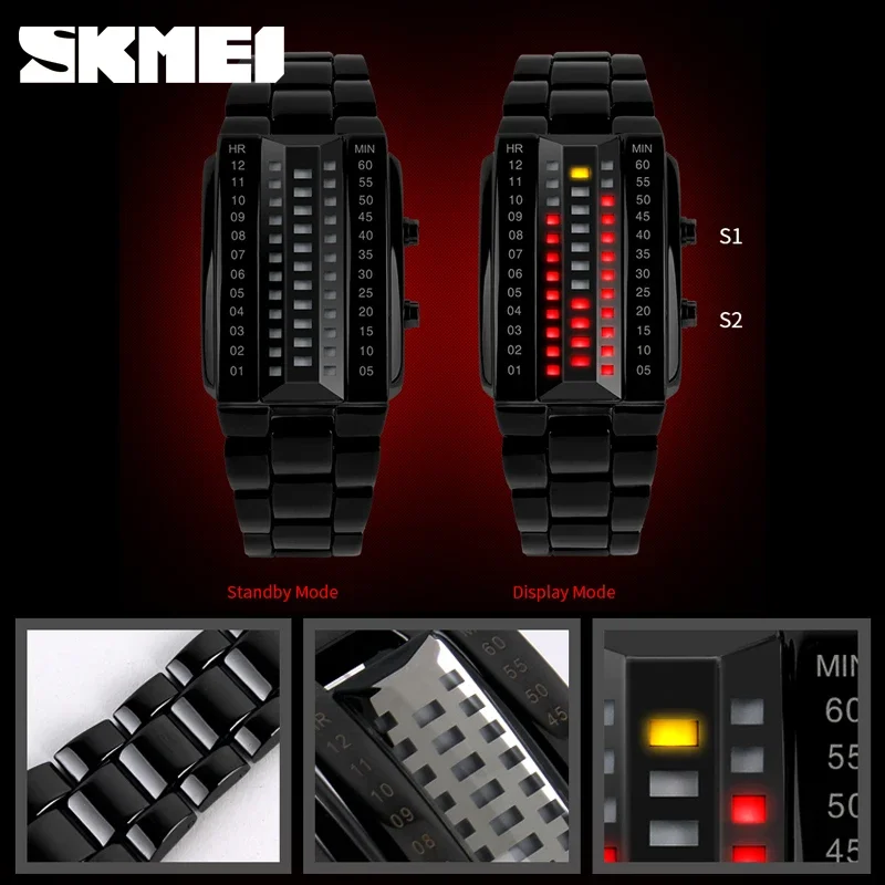 SKMEI Luxury Brand Creative Sport Watch Men Stainless Steel Strap 5Bar Waterproof Digital Watches reloj hombre 1035