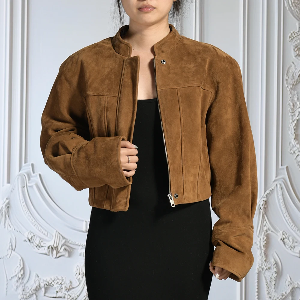 Jxwatcher Damen-Jacke aus echtem Wildleder, kurzer High-End-Mantel aus echtem Schaffell, für Damen, Herbst und Winter, Ziegenleder-Wildleder-Bombermäntel