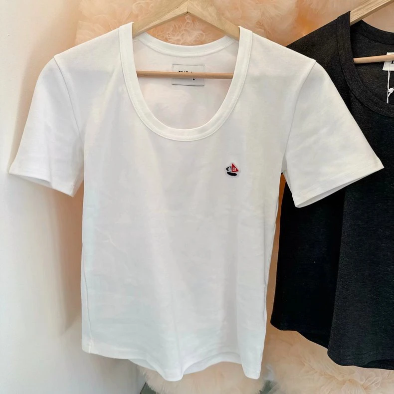 2025 새로운 봄 여름 모든 경기 여성 반팔 티셔츠 솔리드 컬러 슬림 기본 탑 자수 o 넥 풀오버 코튼 티셔츠