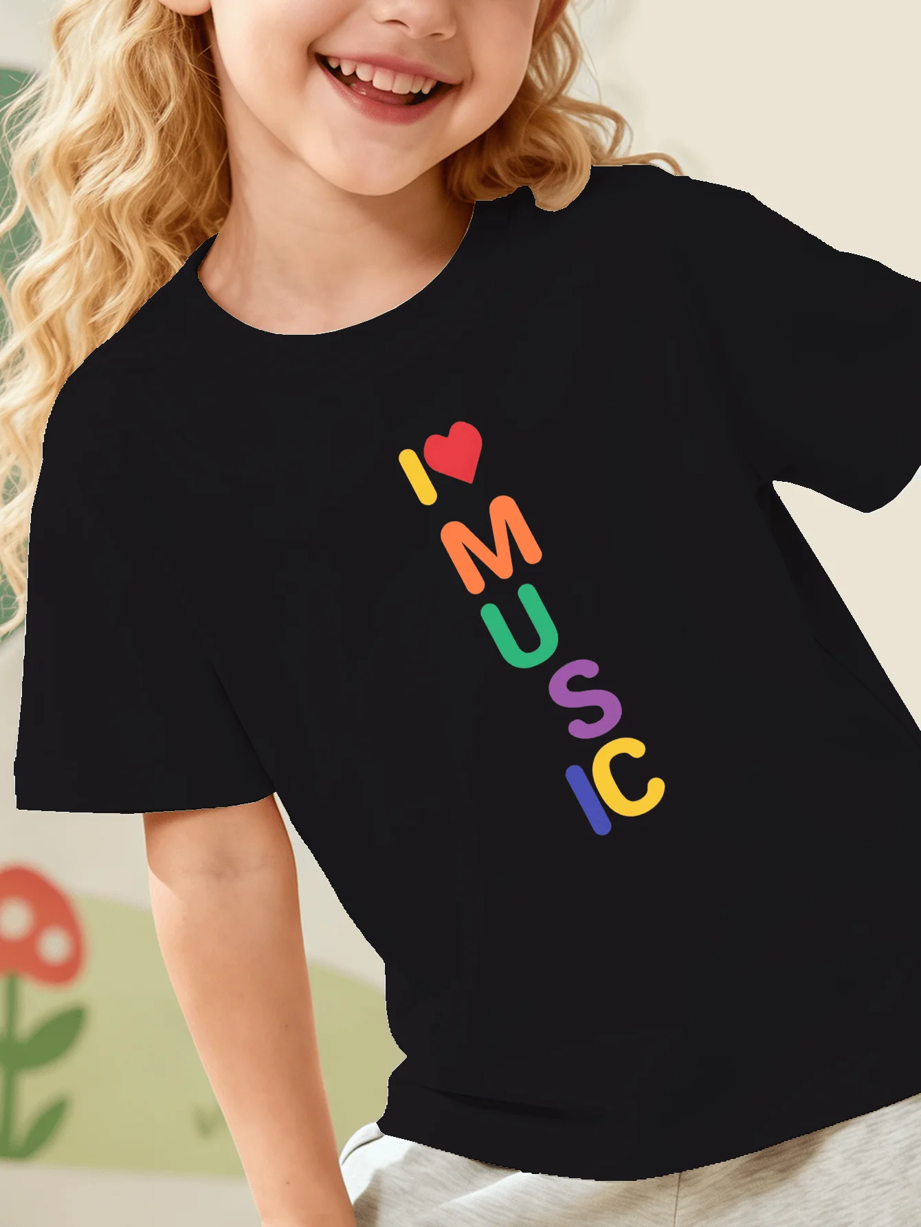 I Love Music Vertical Colorful Letter Heart Graphic Kids T Shirt Boys Girls Family Matching Summer Crew Neck Short Sleeve Tee