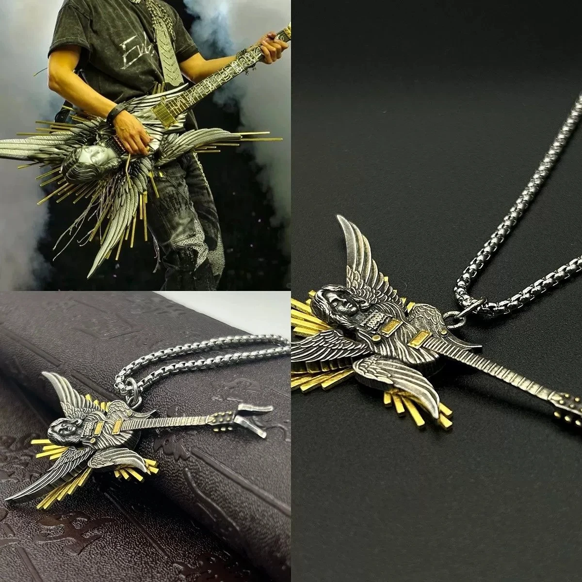 Personality Punk Angel Guitar Pendant Necklace for Men Women Rock and Roll Hip Hop Necklace Unisex Jewelry Accessories