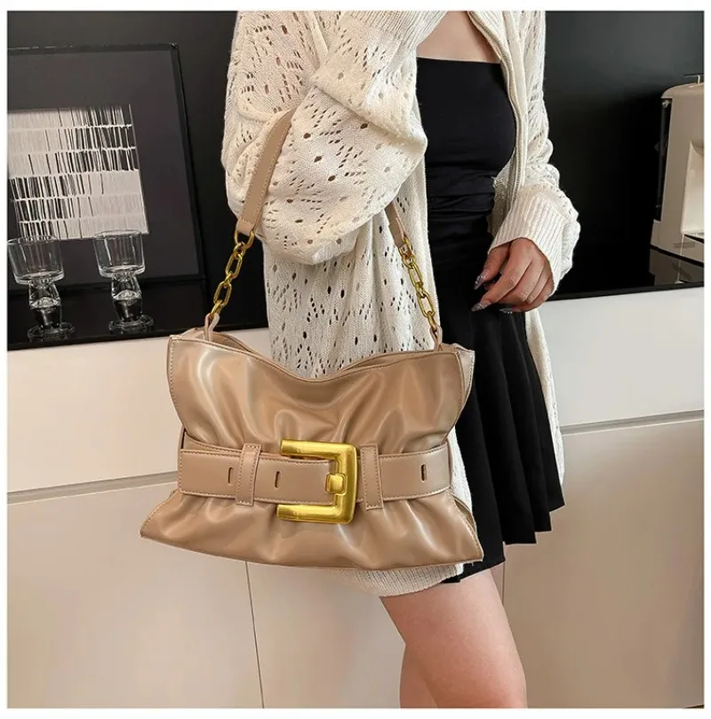 

Retro-Chic Ruched Waist Crossbody Purse Structured Shoulder Bag with Detachable Buckle Large Capacity Genuine Leather for Women