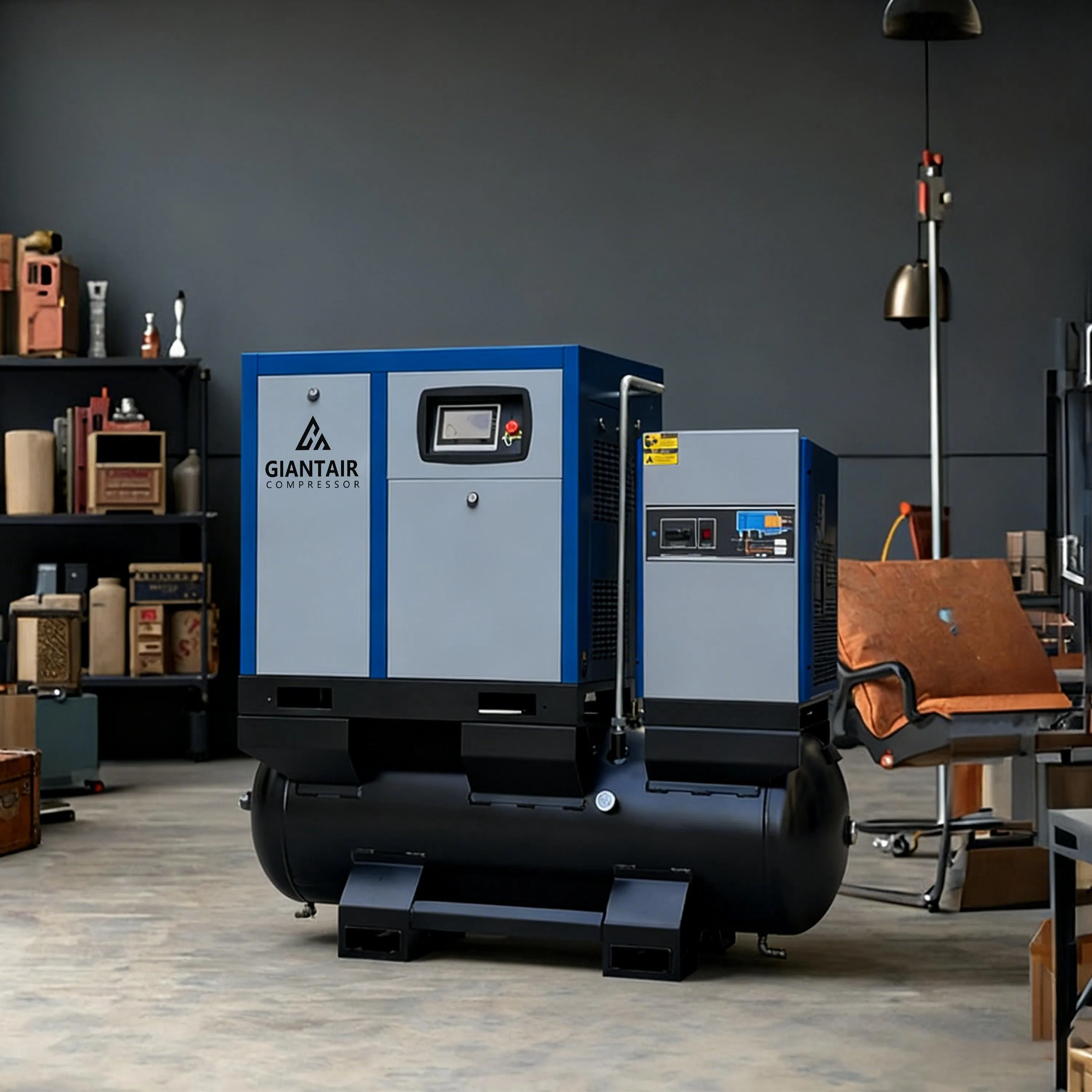 Industrial 7.5KW 10HP Portable Screw Air Compressor 220V Single Phase Small Silent with Air Dryer Tank CE for Auto Repair Spray
