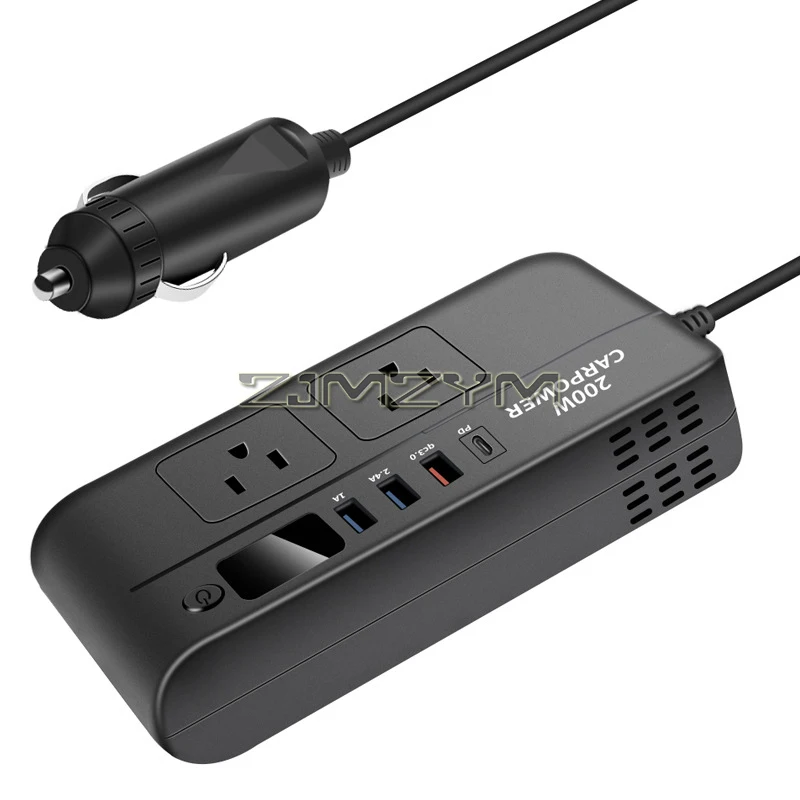 200W Car Power Inverter DC 12V to 110V/220V AC Converter with 2 AC Outlets, PD 18W, QC 3.0 18W and 2 USB Port Cigarette Lighter