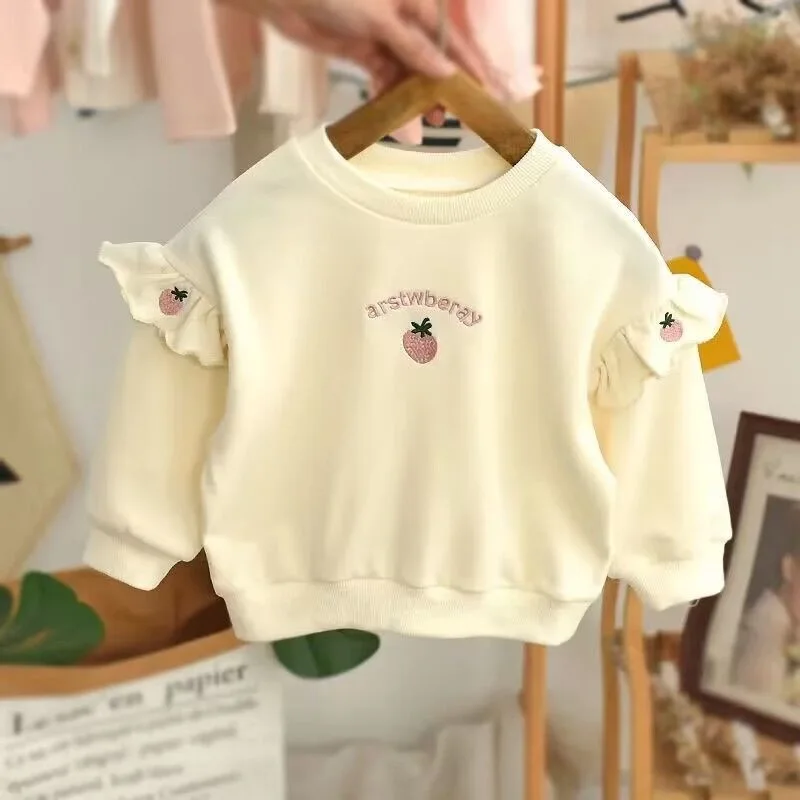 Spring and Autumn Girls' Clothing Hoodie Baby Children's Korean Edition Strawberry Embroidery Flying Sleeve Cute Top
