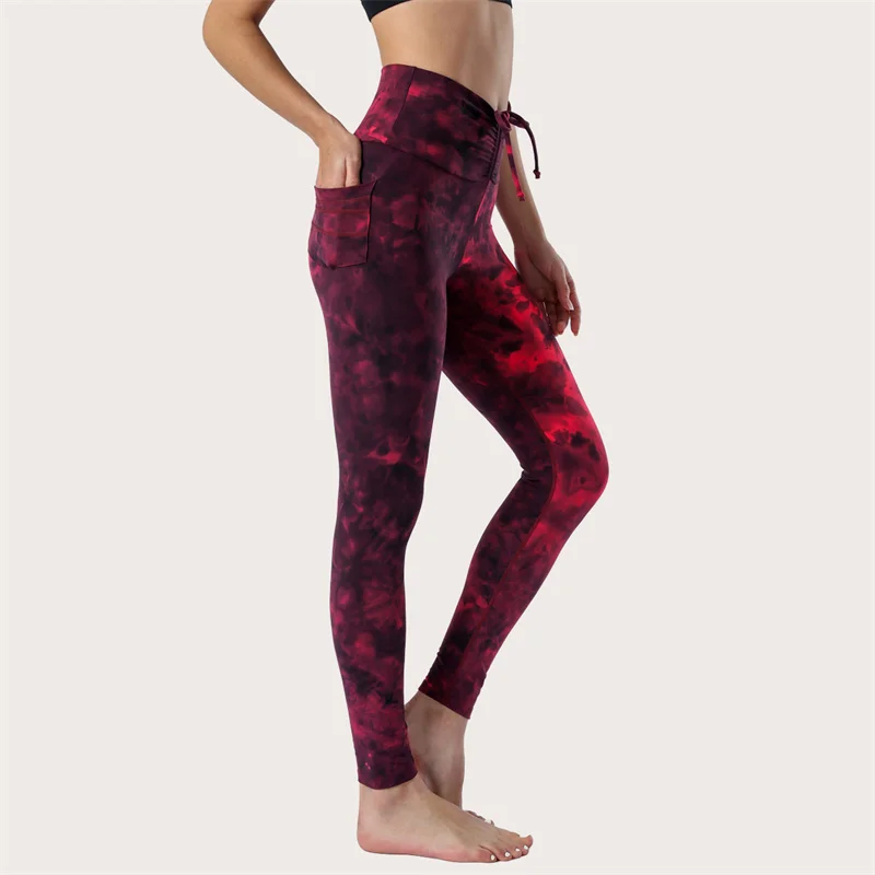 New Tie Dye Pocket Yoga Pants Women's Gym Sports Leggings High Waist Abdominal Fitness Sports Tights Push Up Training Clothing