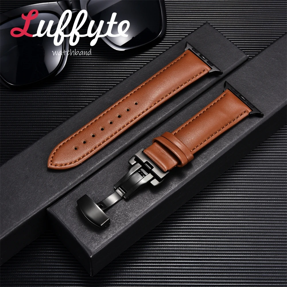 Leather Soft Strap for Apple Watch Ultra 8 7 SE 6 5 4 3  Watchband 38 40 41mm 42 44 45 49mm Black Buckle Black Connector