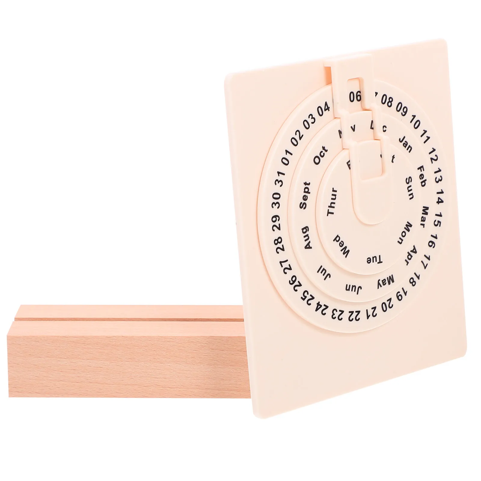 

Rotating Perpetual Calendar for Desk Metal Body Wood Base Clear Date Display Functional Office Accessory Decorative Table