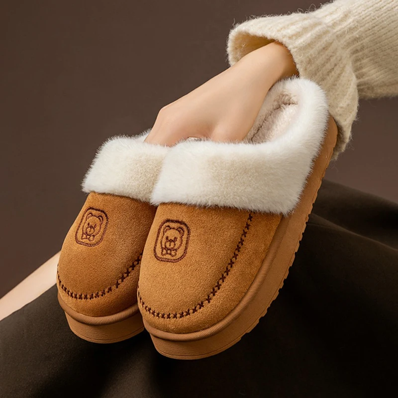 Woman Slippers Plush Anti Slip Sole Thick Bottom Embroidery Fashion Fluffy Warm Slippers Use Indoor Outdoor Cotton Shoes