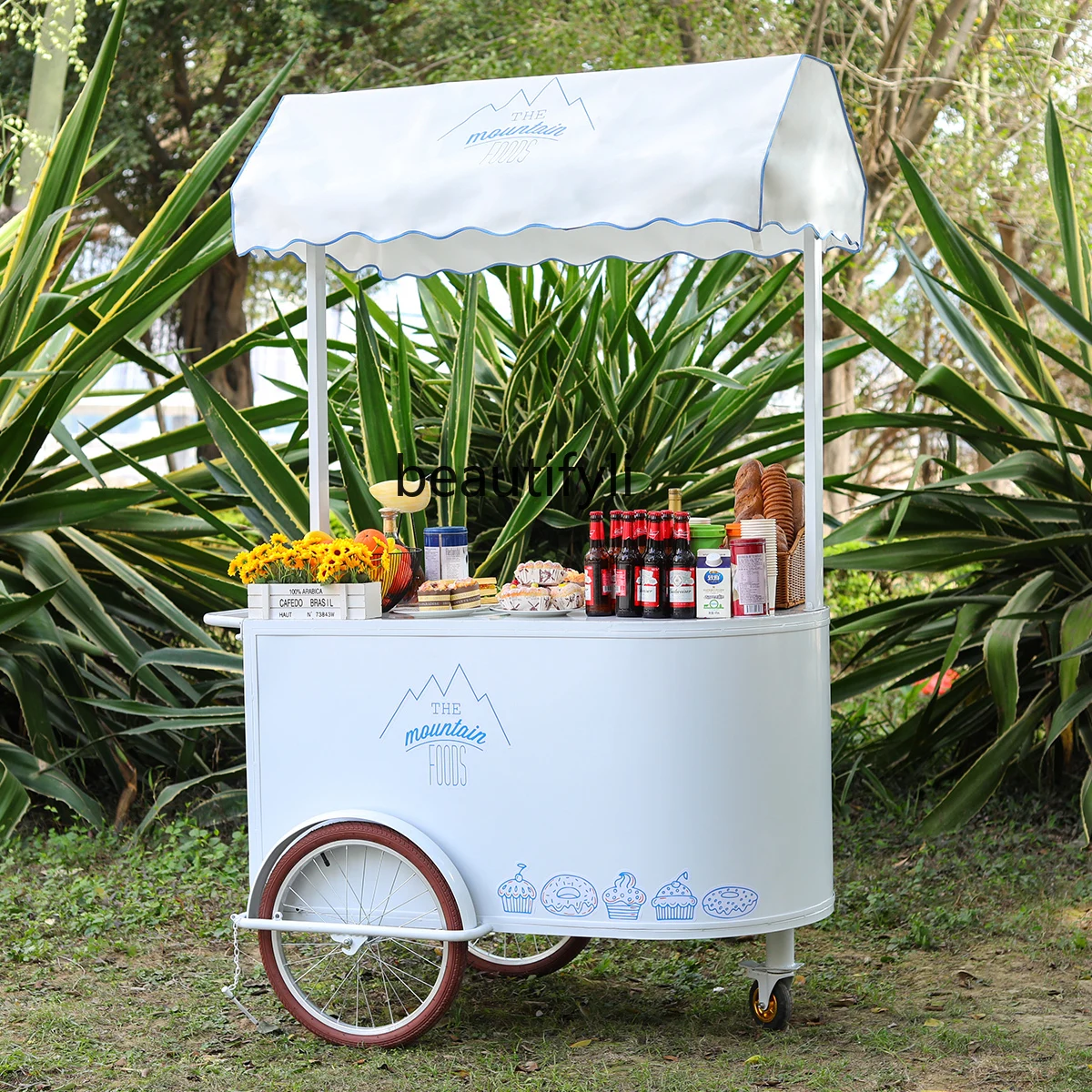 Outdoor market stall trolley food cart grilled sausage octopus balls snacks, cold drink food truck