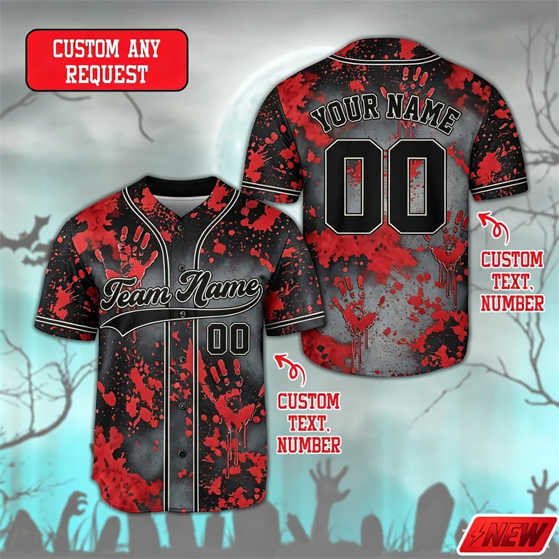 Men Halloween Custom Name Baseball Jersey Short Sleeve 3D Print Blood Handprint Splatter Pattern  Shirt Unisex Horror Party Tops