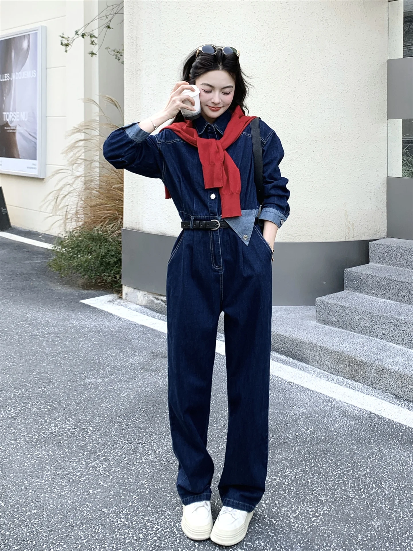 

Color Blo Wide Leg Overalls Women's Spring Autumn New Loose BF Floor Length Pants High Waist Jumpsuit