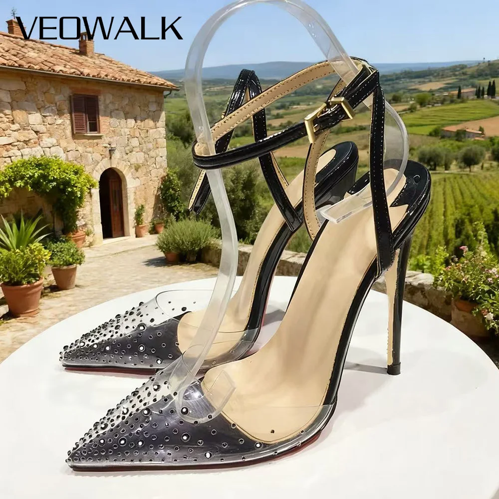 

Veowalk Sexy Riveted Clear Panel High Heels Pointed Toe Stiletto Pumps Women's Ankle Strap Sandals for Party & Evening Fashion