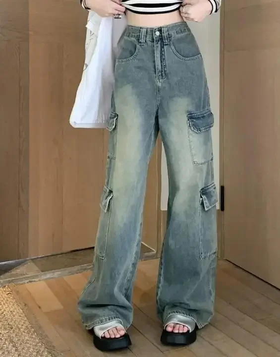 Pantalon Cargo en Denim Bleu, Streetwear Y2k, Baggy Harajuku, Multi-Poches, Taille Basse, Jambes Larges, Jean Esthétique Kpop, 2025