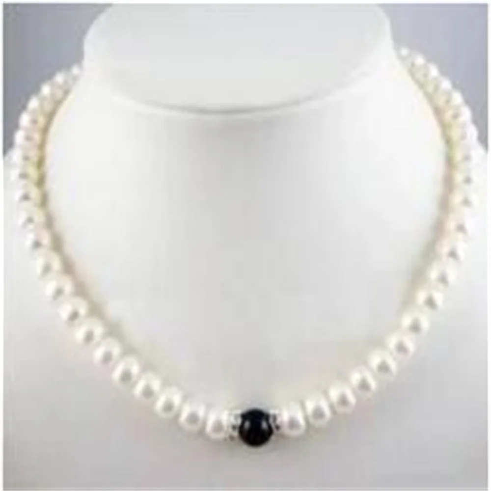 charming 7-8mm White FW Pearl + Black Necklace 18