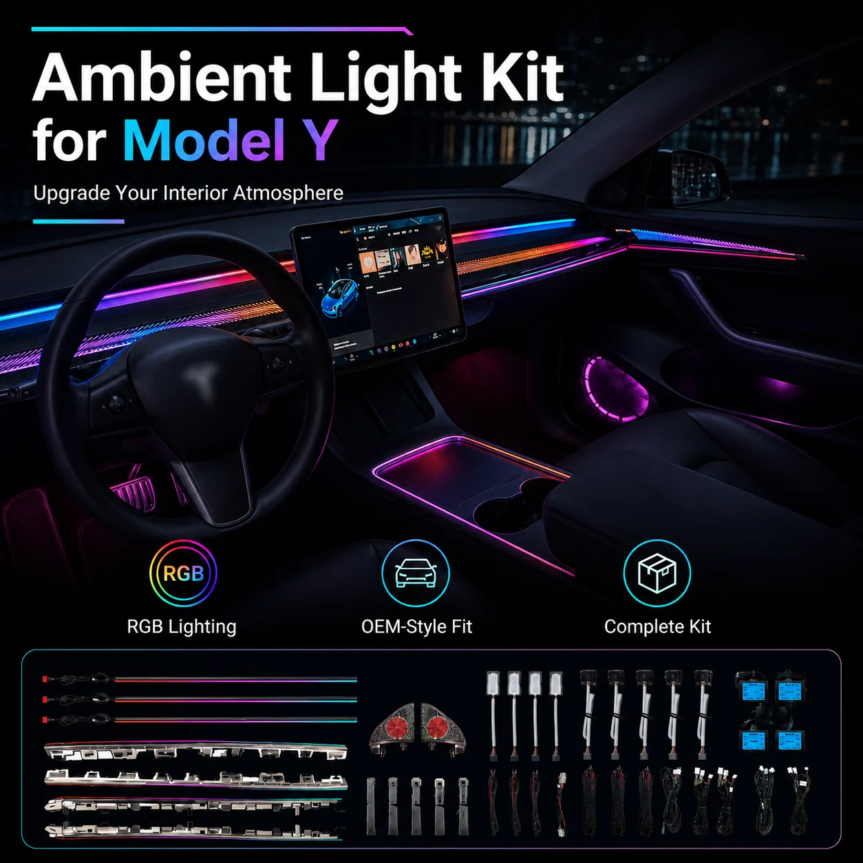Acrylic Ambient Light for Tesla Model Y 2023-2024 Interior Atmosphere Lamp RGB LED Strip Light App Control No Damage Plug &Play
