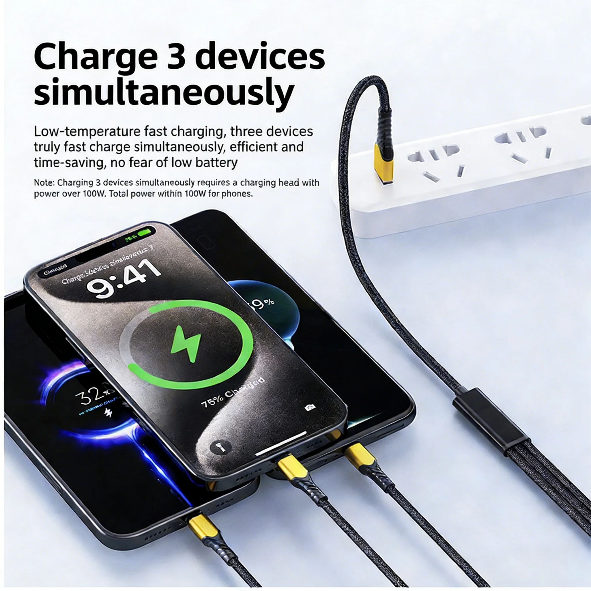 Picture 7: 100W 3 in 1 USB C Type c to 3 Type C Fast Charging Cable for iphone 17 16 15 Pro max Huawei Xiaomi Samsung