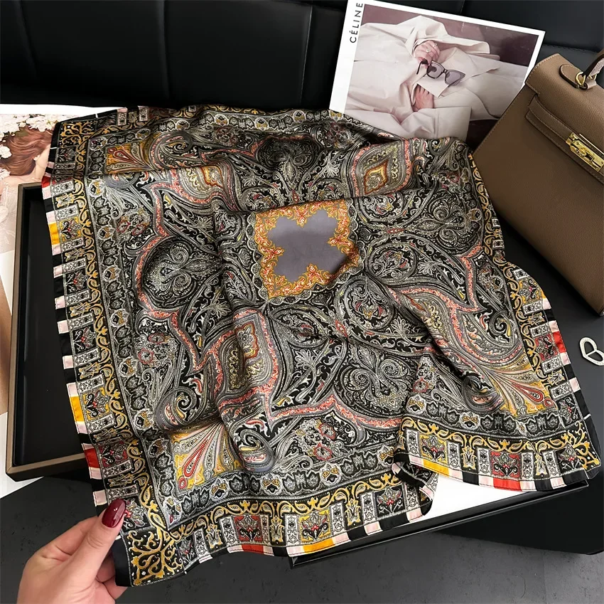 

Luxury Paisley Print Small Square Scarf Simulated Silk Thin Neck Scarf Mature Style Sunscreen Headscarf For Women