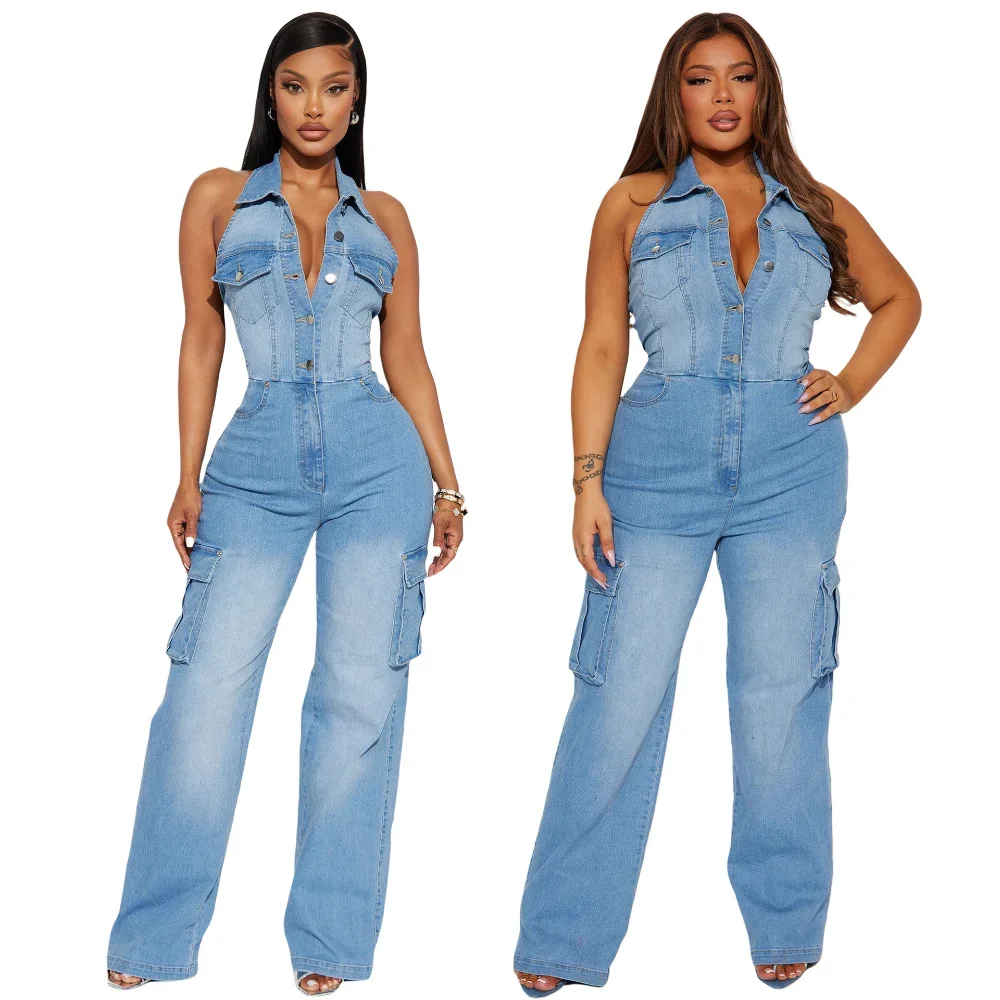 Women's Denim Jumpsuit - One-Piece Turn-Down Collar Sleeveless Overalls, Slim Fit Wide Leg Long Pants