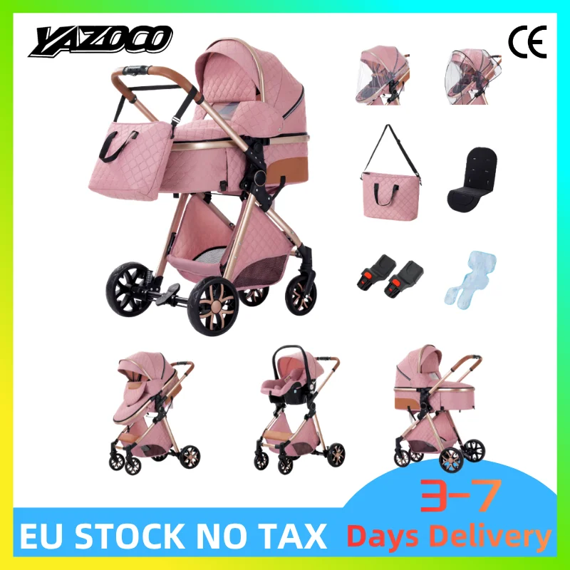 Poussette pour bébé à quatre roues, multi-scènes, 3 en 1, avec vue surélevée, système d'amortissement efficace, compacte, portable et pliable, ensemble complet, équipée d'un moustiquaire assorti détachable et respirant, adaptée aux nouveau-nés.