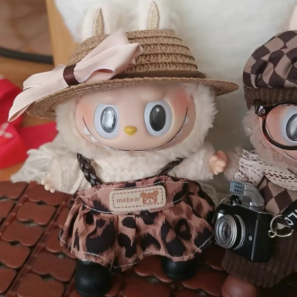 

Wrinkled Dress Knitted Straw Hat Vacation Style For 17cm Plush Doll Outfit Perfect Labubu Accessories Ropa Labubu