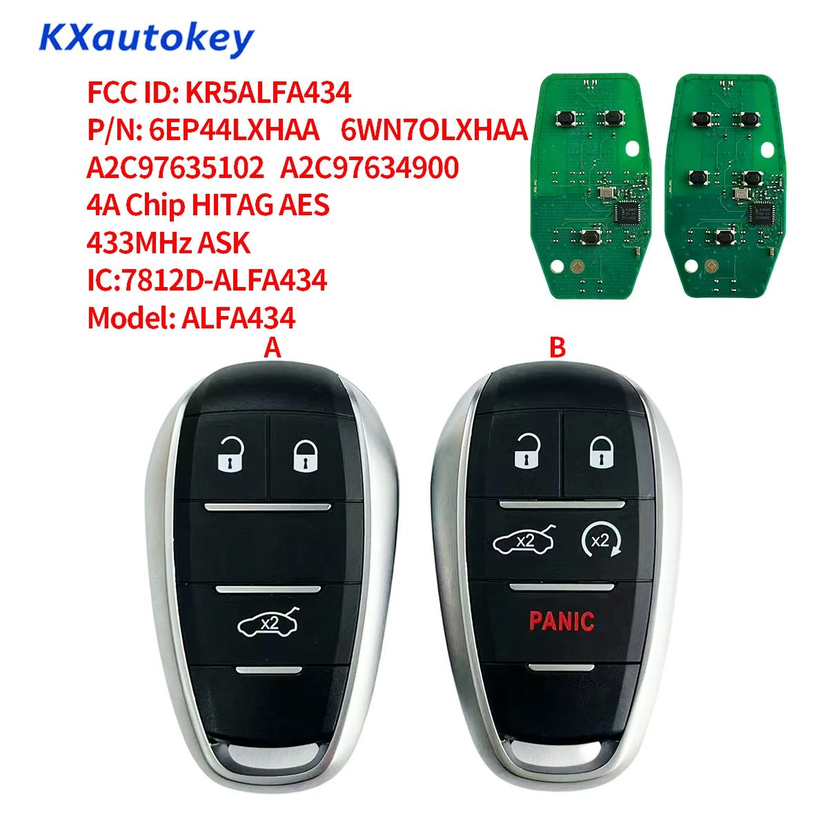Para Alfa Romeo Giulia Stelvio 2015-2024 433MHz 4Achip FCCID:KR5ALFA434 ALFA434 P/N:6EP44LXHAA 6WN7OLXHAA Continental:A2C976351