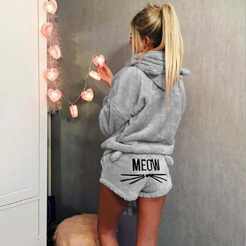 Pajamas Two Piece Set Sleepwear Women Coral Autumn Winter Warm Velvet Pajamas Set Cute Cat Meow Pattern Hoodies Shorts Set