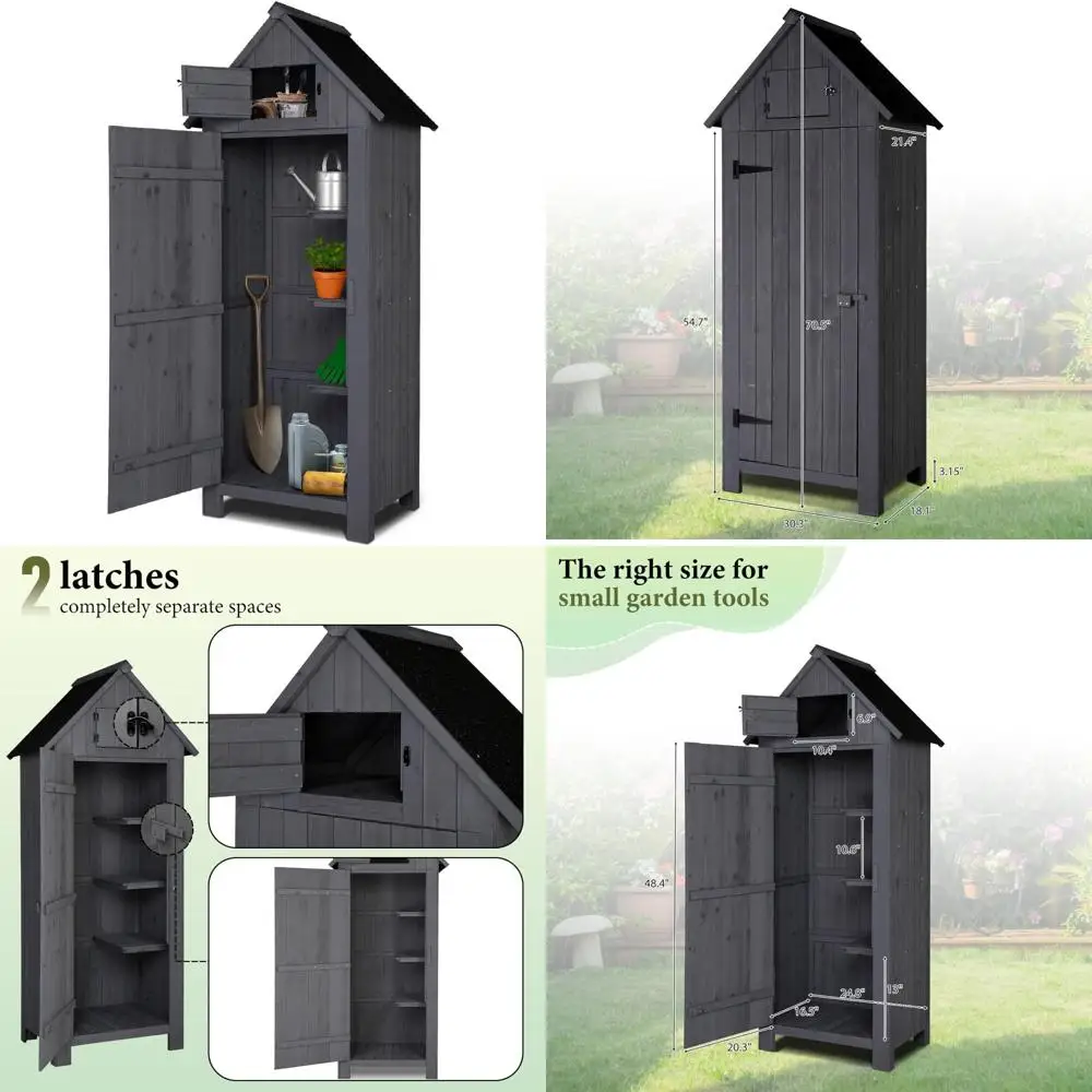 

Темно-серый деревянный сарай для хранения на открытом воздухе Vingli — безопасный садовый шкаф для инструментов с защитной защелкой для организации хранения патио
