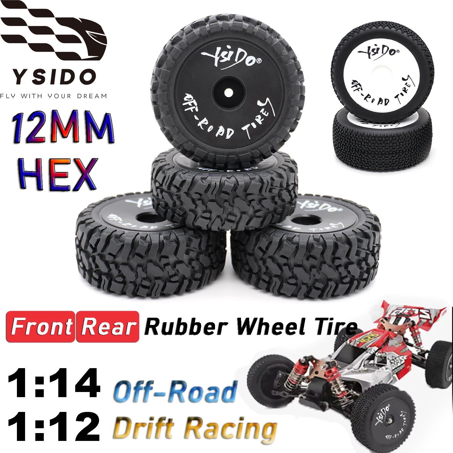 

YSIDO 70/71/74mm Non-Slip Rubber Front Rear Wheel Tire 12mm HEX for 1:14 1:12 WLtoys 124018 144001 RC Off-Road Drift Racing Cars