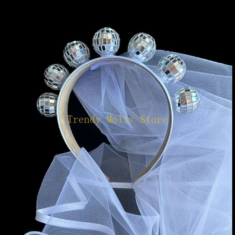 N5KB Disco Ball Headband Bachelorette Party Disco Accessories for Women 70s Disco Costume Earrings Hair Hoop with Veil