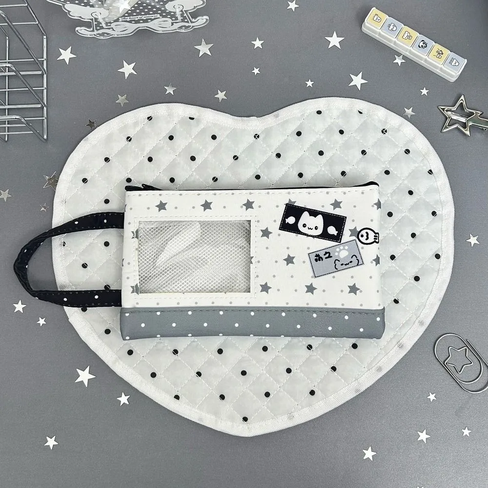 Durable Star Cat Print Pencil Case with Transparent Window Large Capacity Pen Bag Handheld Pencil Pouch Students