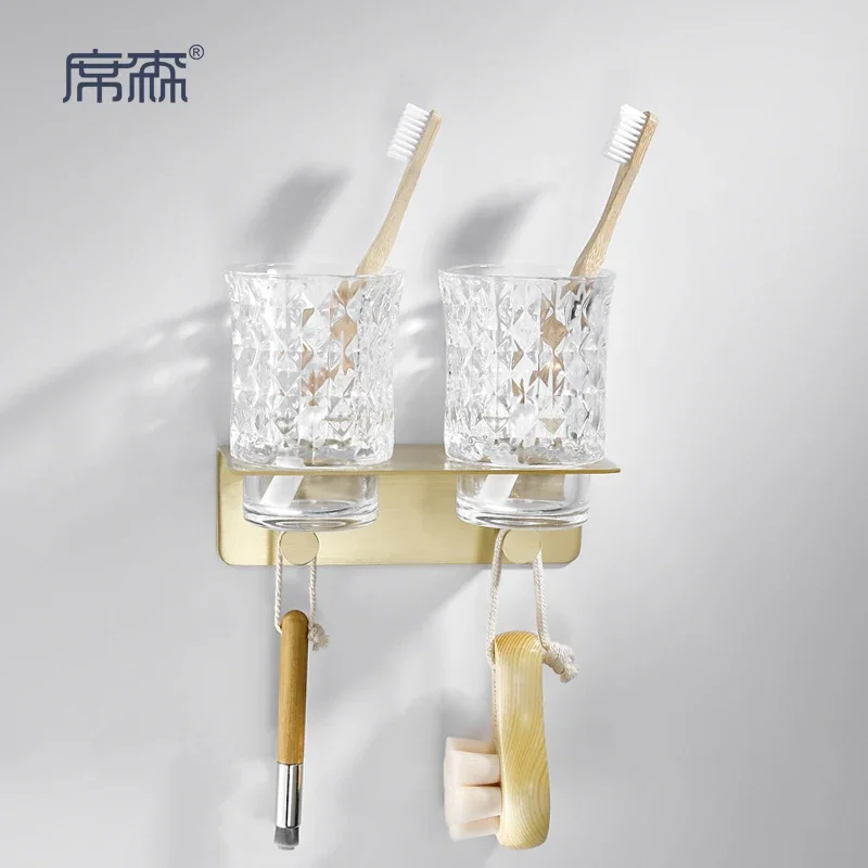 Light luxury brass wall-mounted toothbrush holder All-copper mouthwash cup holder Bathroom non-punching rack Double cupr
