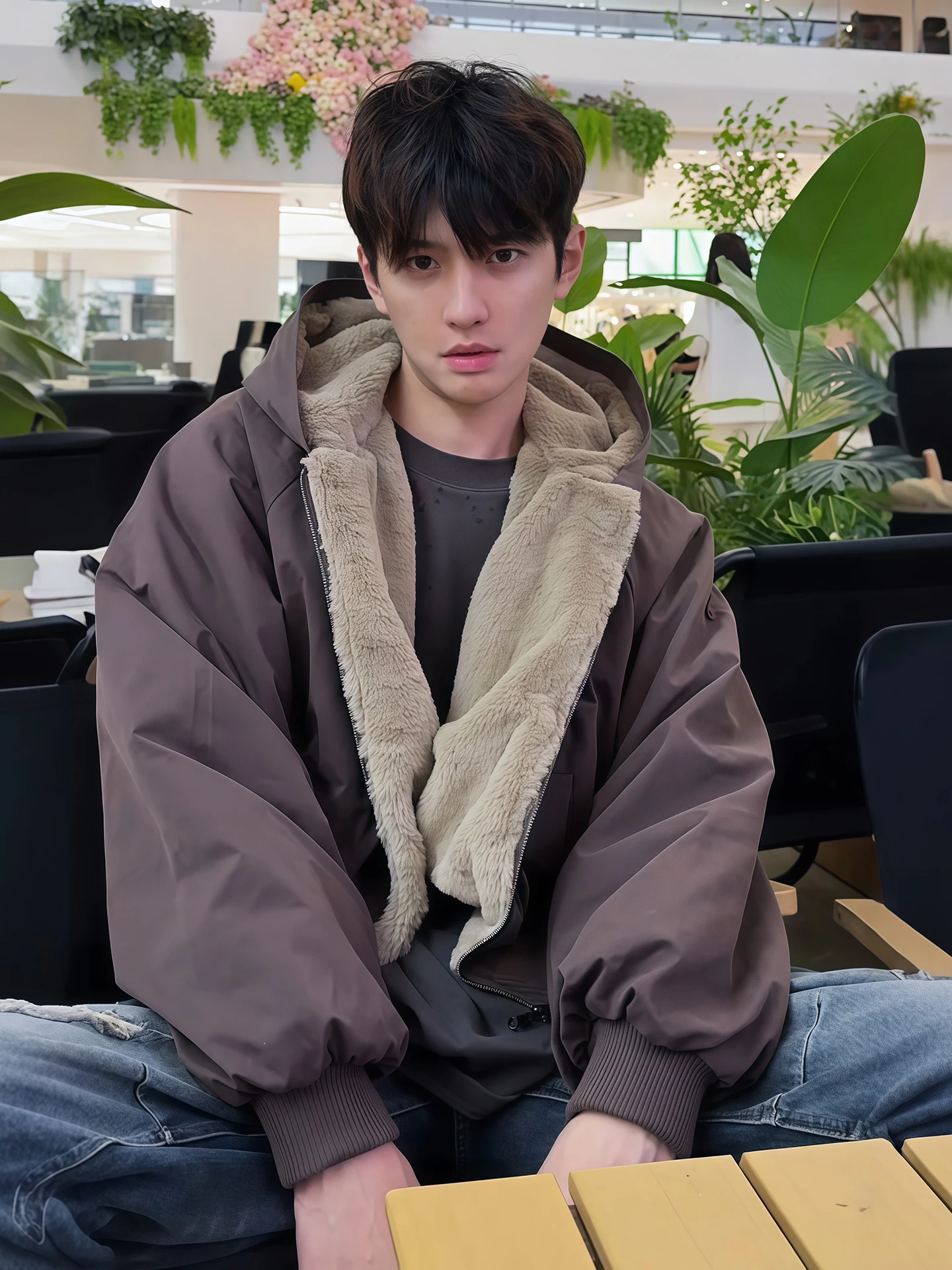 

Men's Double-Sided Wearable Thiened Fce Lined eepskin Cotton Jaet Autumn Winter Warm Casual Zipper Hooded Coat