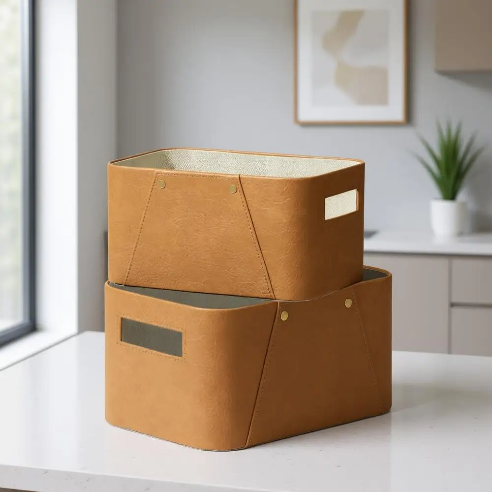 

Набор из 2 корзин для хранения, роскошная коричневая искусственная кожа, органайзеры для шкафа