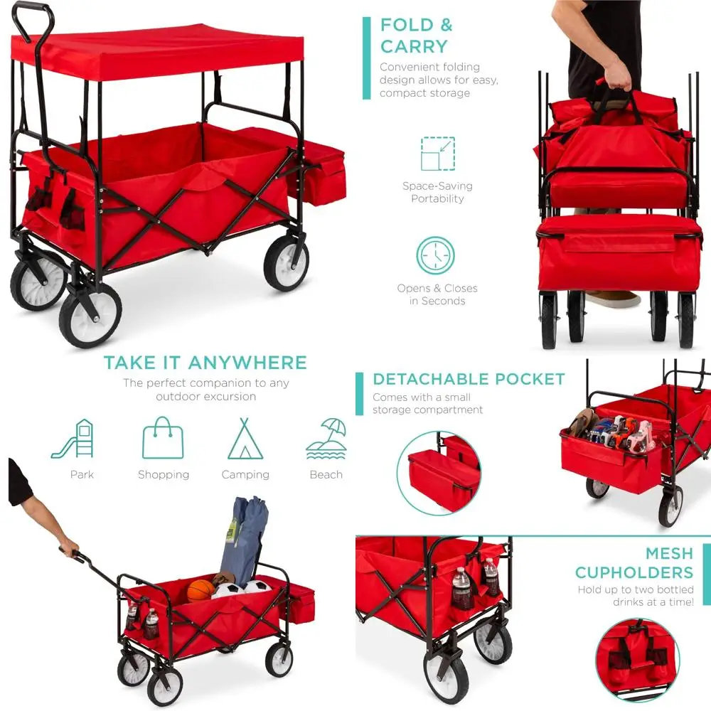 

Collapsible Outdoor Folding Utility Wagon with Canopy for Beach, Picnic, Camping, Tailgates - Garden Cart with Removable Sides