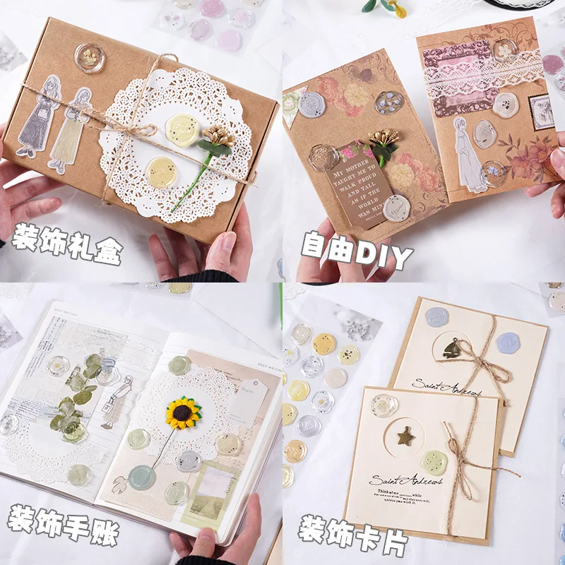 Fire Paint Seal Sticker Vintage Translucent Seal Printing Sticker Small Floral Decal  Stickers Kawaii  Stationary