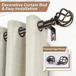 Brown 7/8 Inch Heavy Duty Telescoping Splicing Curtain Rods with Twisted Cage Finials are Applicable to Any Room Type for Window