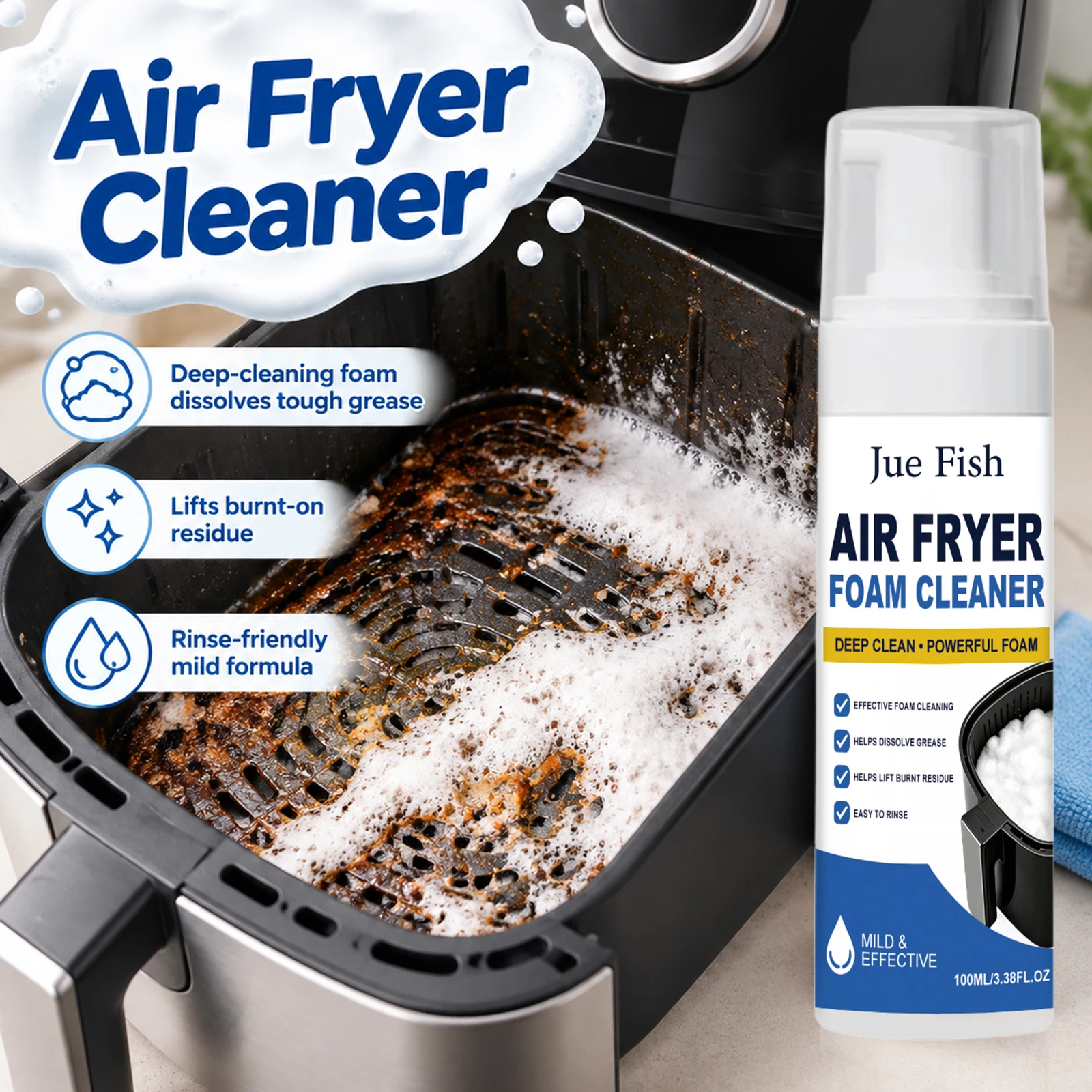 Air Fryer Cleaner Spray Fast Foam Baked-On Food Stovetop Countertop Grease Powerful Oil Stain Remover Kitchen Cookware Degreaser