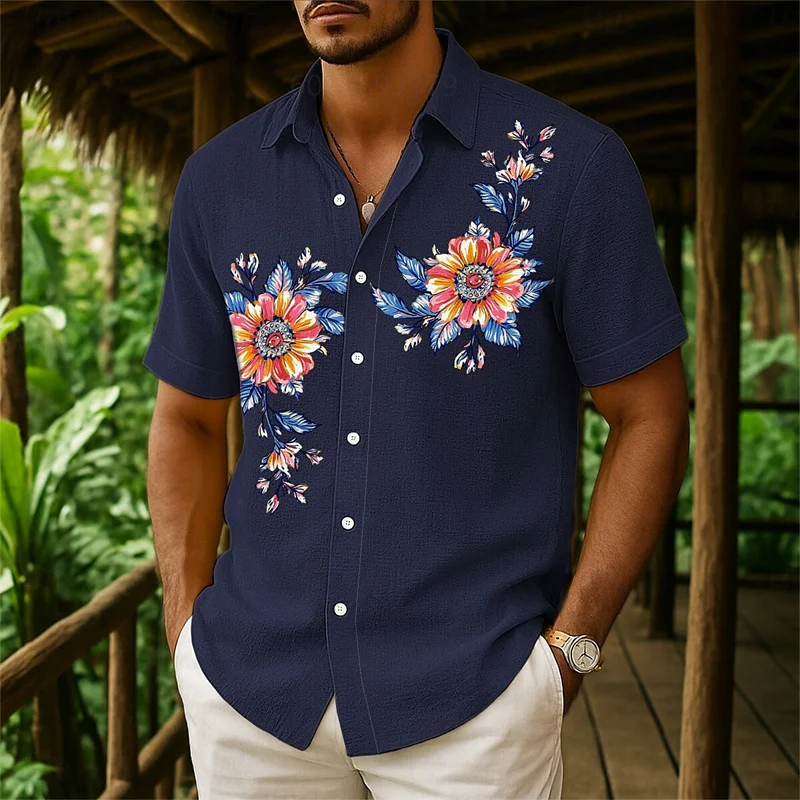 Mens Summer Beach Button Down Shirt Floral Casual Holiday Yellow Pink Navy Green Lapel Shirt Summer Outfit With Pockets - Image 5