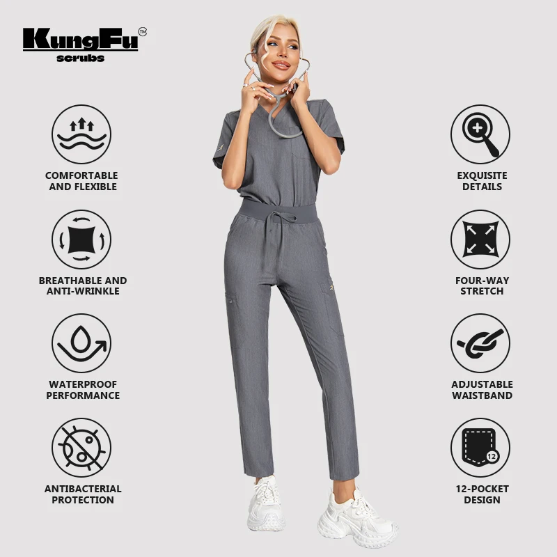 KUNGFU SCRUBS femmes infirmière gommages uniforme médical haut antibactérien doux résistant aux rides imperméable T-shirt crayon pantalon