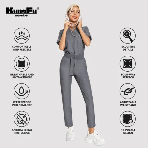 Imagen 2 del producto KUNGFU SCRUBS mujeres enfermera matorral uniforme médico Top antibacteriano suave resistente a las arrugas impermeable camiseta pantalones lápiz
