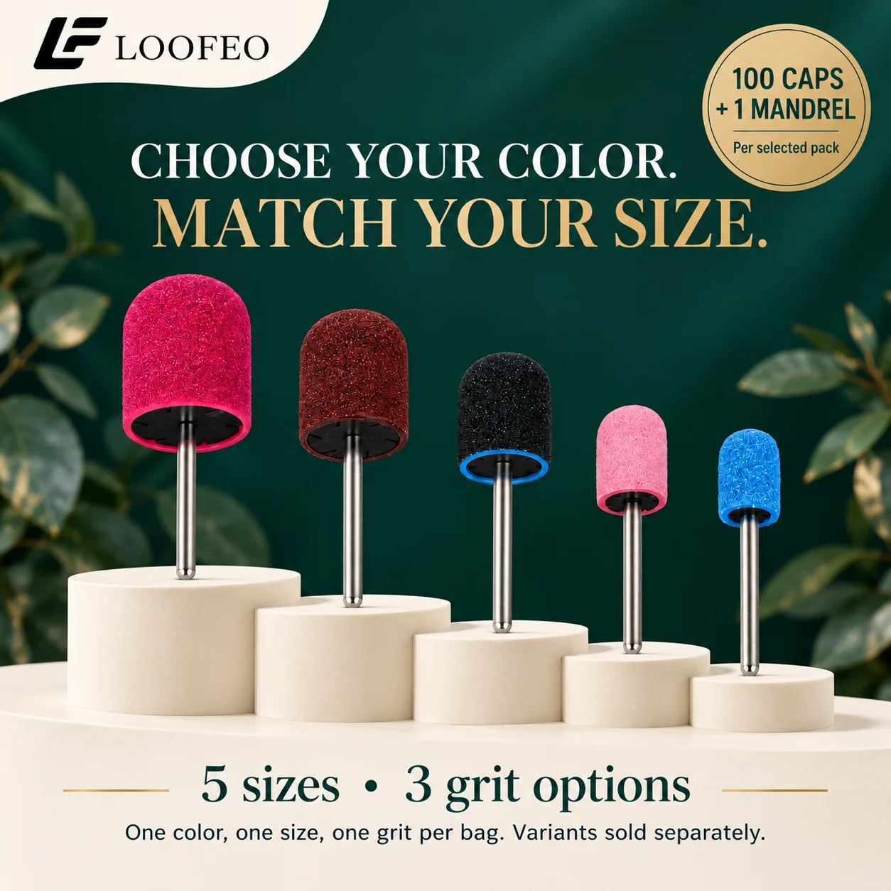 100 Nail Sanding Caps And 1 Matching Rubber Mandrel 2.35mm Steel Shank Domed Abrasive Refills For Artificial Nail Surface Filing