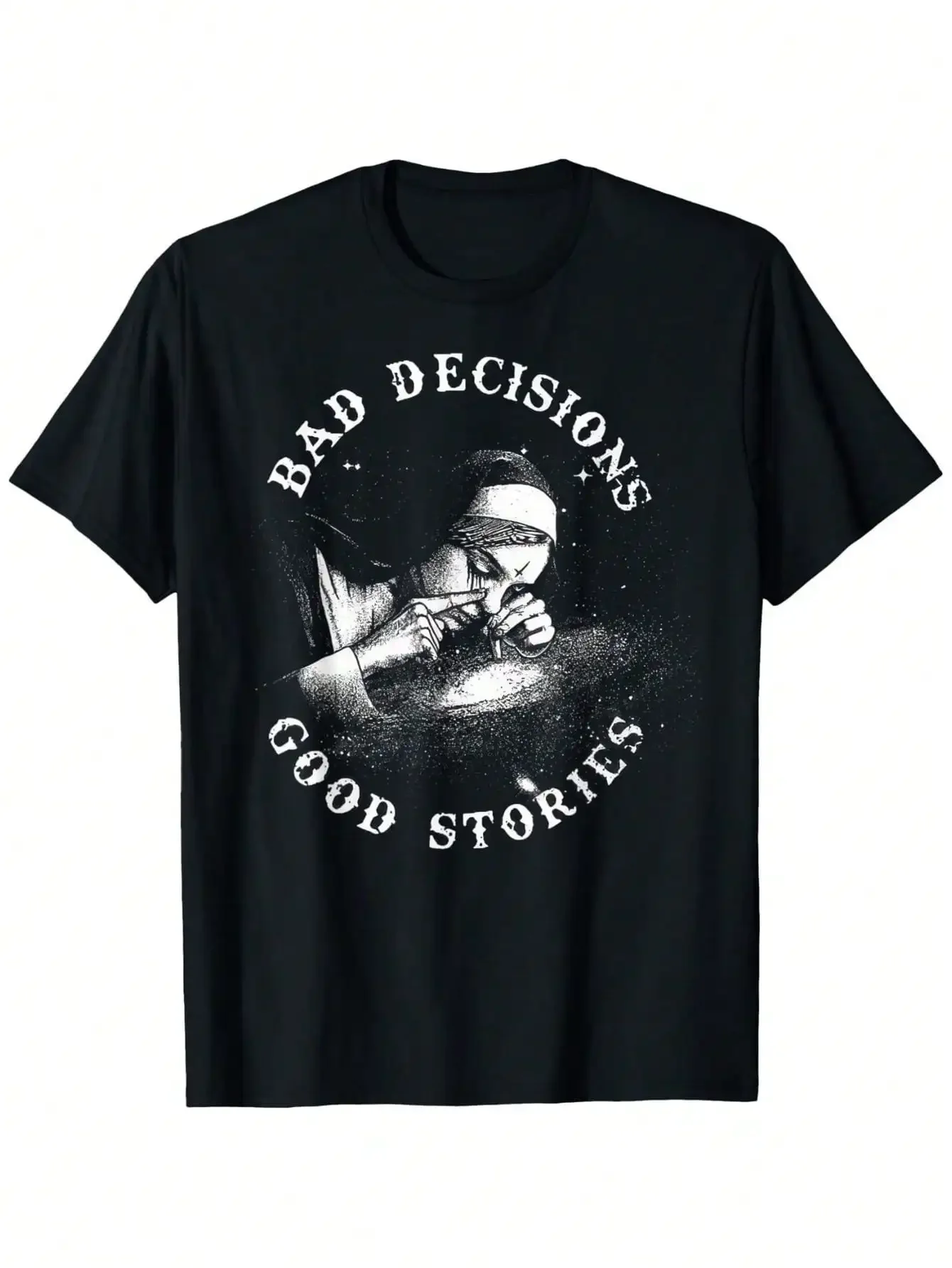 

Bad Decision Good Story Nun Graphic Tee 100% Cotton Crew Neck Short Sleeve Tee Casual All Season Jersey Top Adult Regular Fit