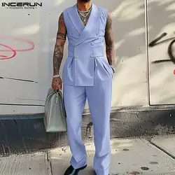 INCERUN Men Jumpsuits Lapel Collar Sleeveless Double Breasted Elegant Blazer Suit Long Pants Rompers Male One Piece Overalls